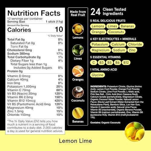 Electrolyte + Vitamin Hydration Powder Packets – 1,000mg Potassium, Lemon Lime