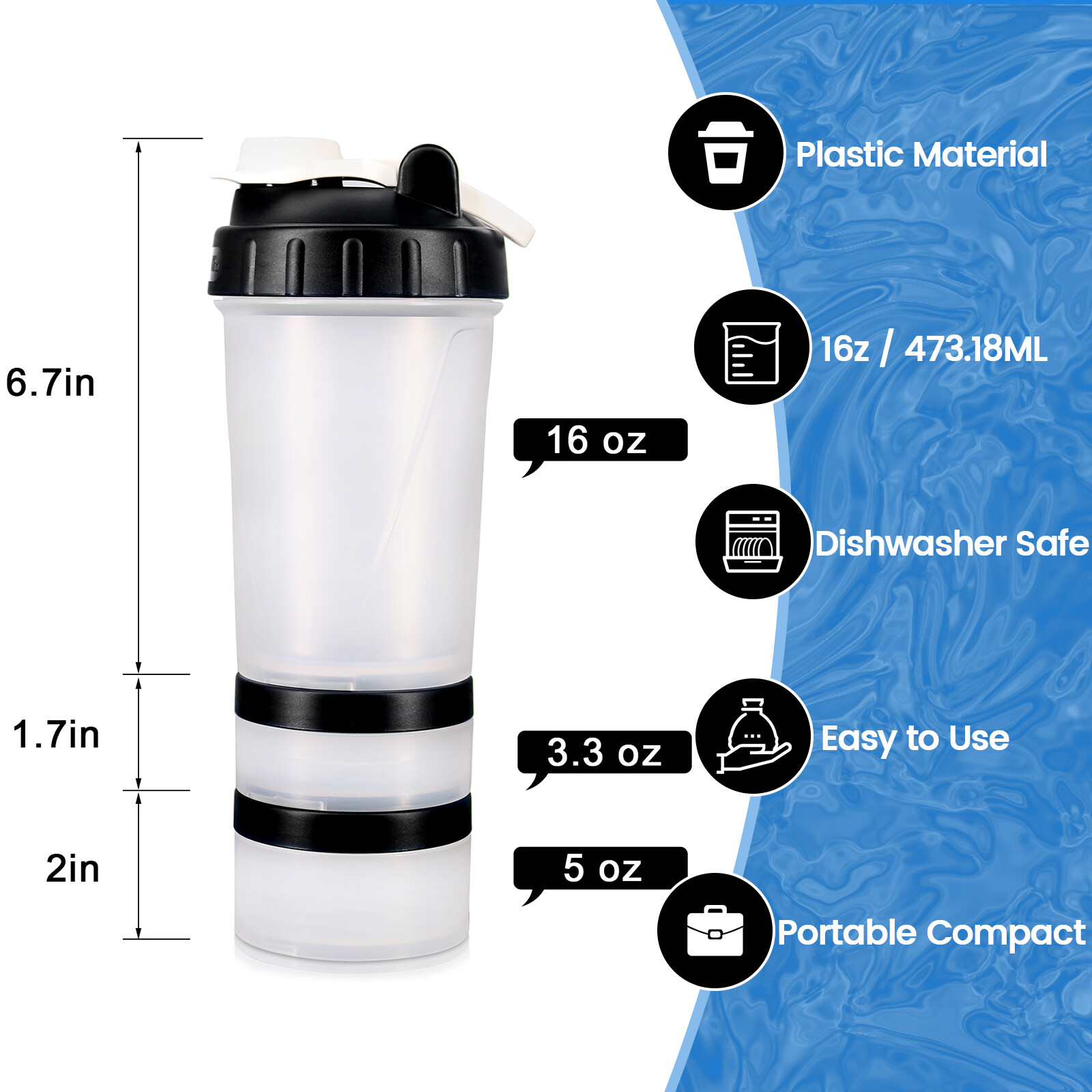 Hydro2Go 16 OZ Protein Shaker Bottle with Mixer Ball and 2 Interlocking Storage