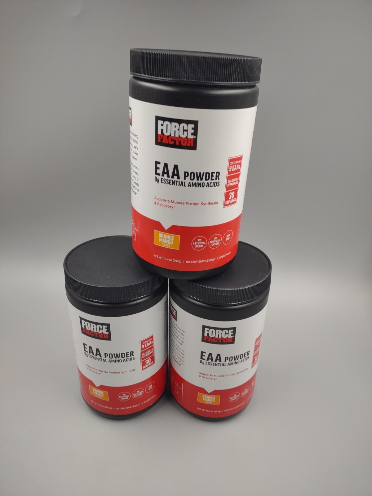 Lot Of 3 Force Factor EAA Powder ~ 10.4oz/30 Servings ~ Orange Mango ~ Exp. 7/27