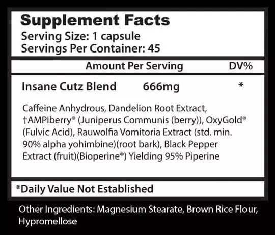 INSANE LABZ INSANE CUTZ 45 Capsules Focus Energy Intense Fat Loss Thermogenic