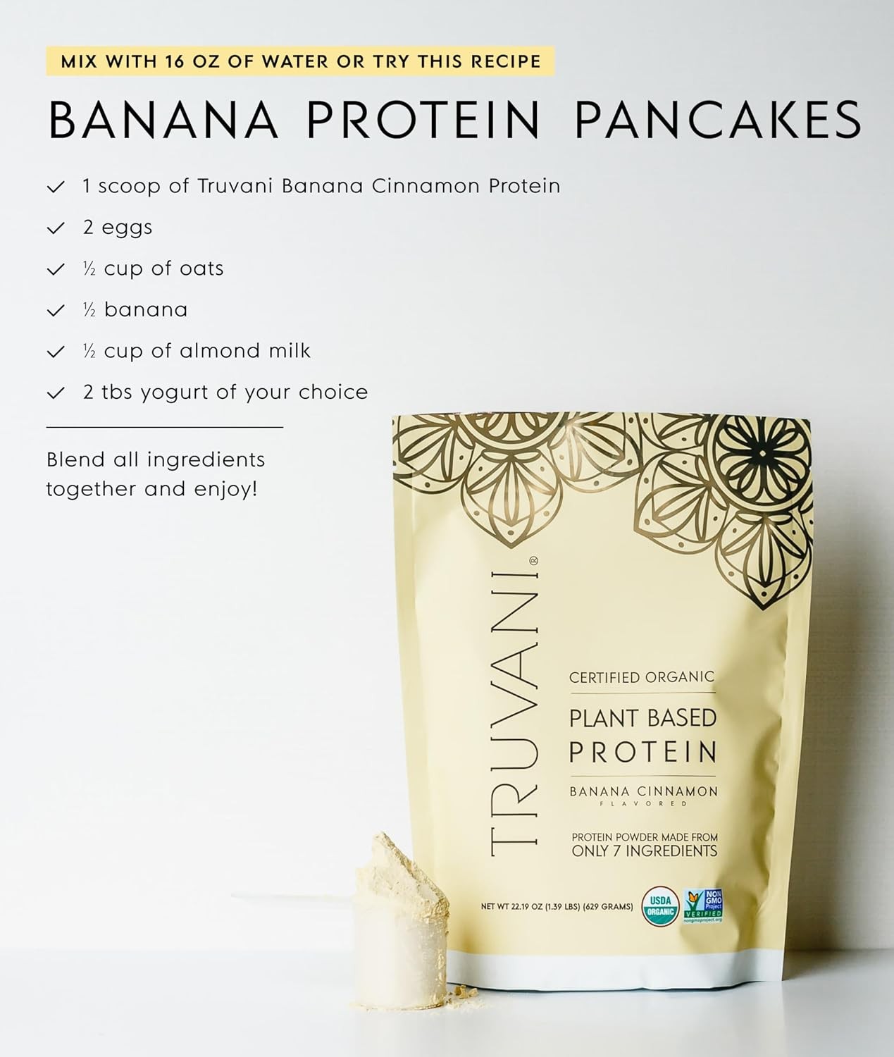 Truvani Organic Plant Based Protein Powder | Banana Cinnamon | 10 Servings | Ve