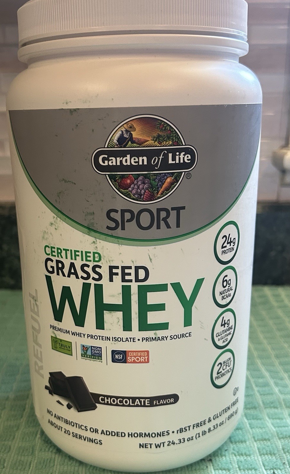 Garden of Life Sport Whey Protein Powder NSF Sport Grass Fed Chocolate 24.33 oz