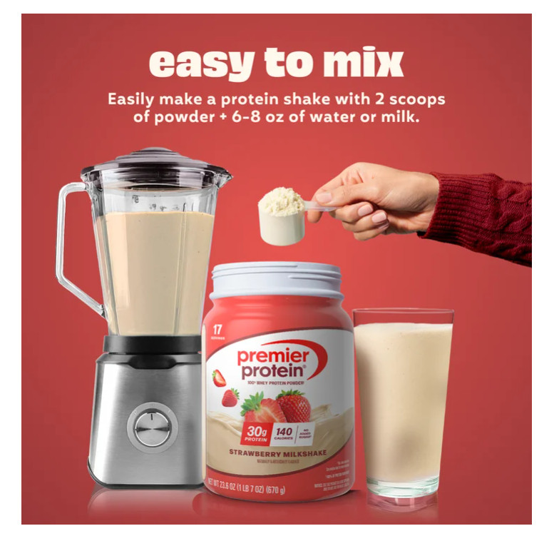 Premier Protein Whey Powder Strawberry Milkshake 1.7lb 30g Protein