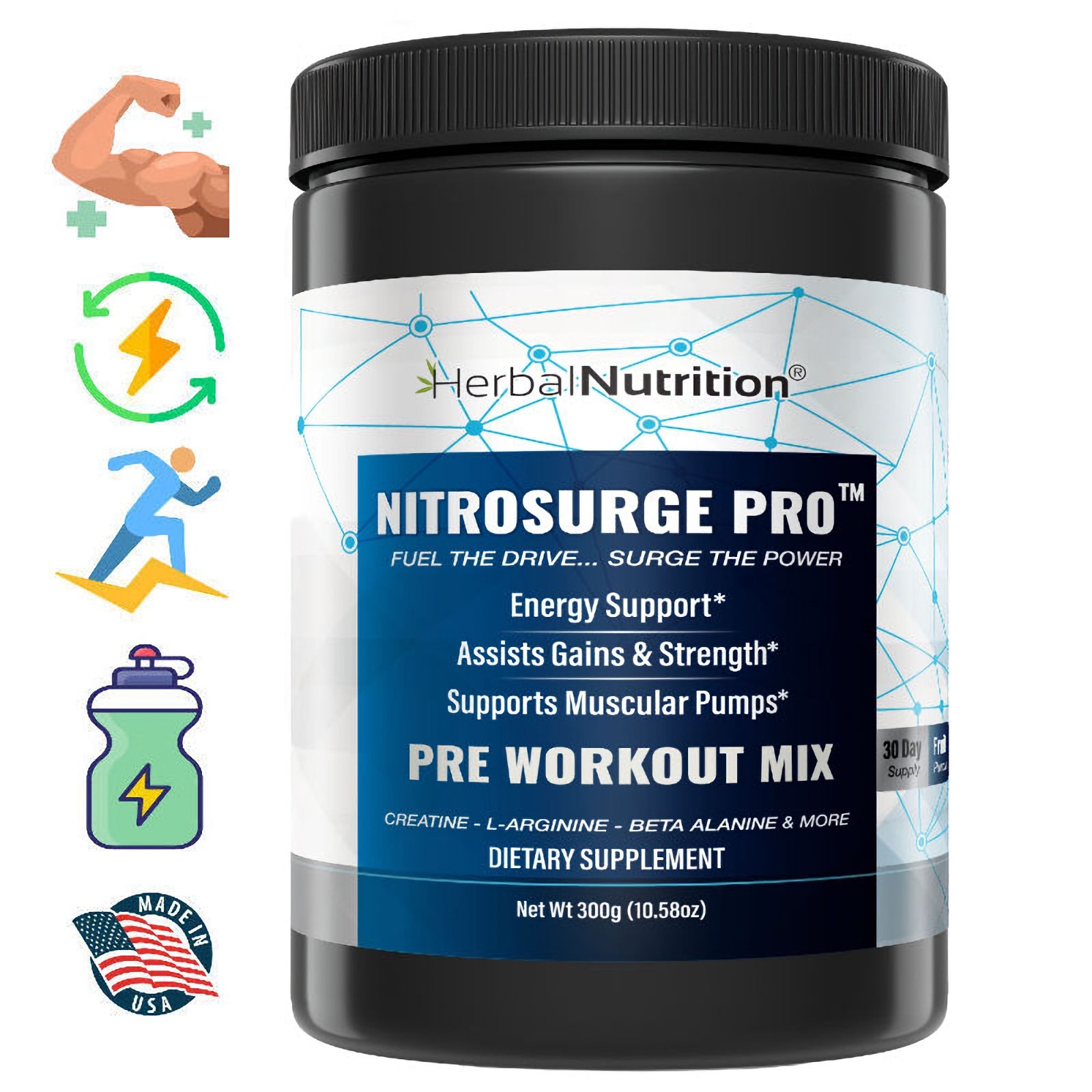Nitrosurge Pro Pre Workout Powder w/ Creatine Nitric Oxide Booster 300g