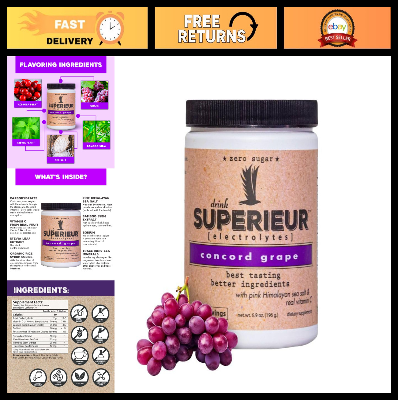 Electrolyte Powder – Concord Grape, 70 Servings | Vegan, Zero Sugar, Keto, Hydra