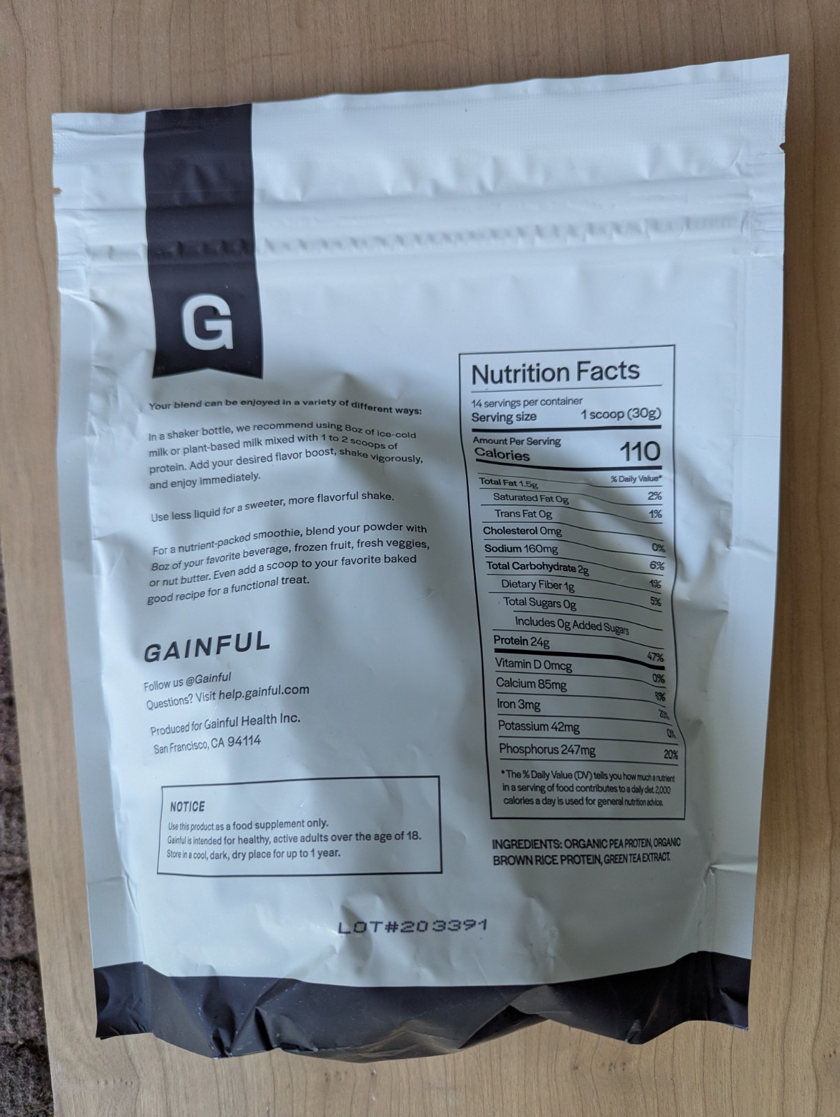 Gainful Bag of Pea Protein- single bag, Gluten Free, Sugar Free, Soy Free 420g
