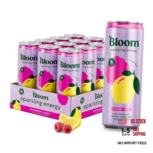 Bloom Nutrition Sparkling Energy Drink 12 Fl Oz (Pack of 12) Raspberry Lemon