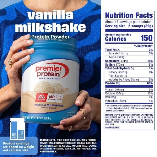 Premier Protein 100% Whey Protein Powder – Vanilla Milkshake – 17 Serve