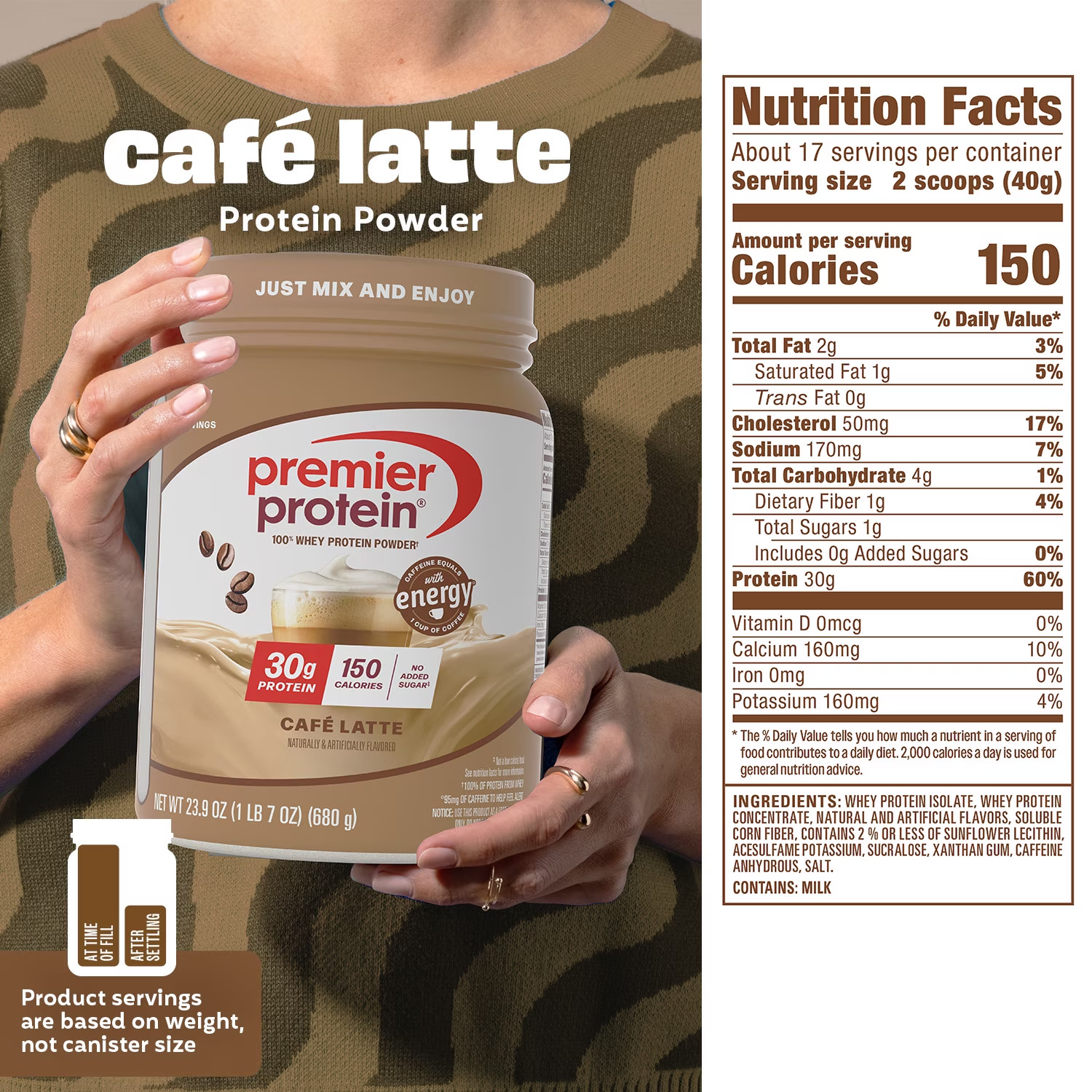 Premier Protein 100% Whey Protein Powder, Café Latte, 30g Protein, 23.9 oz, 1.5l