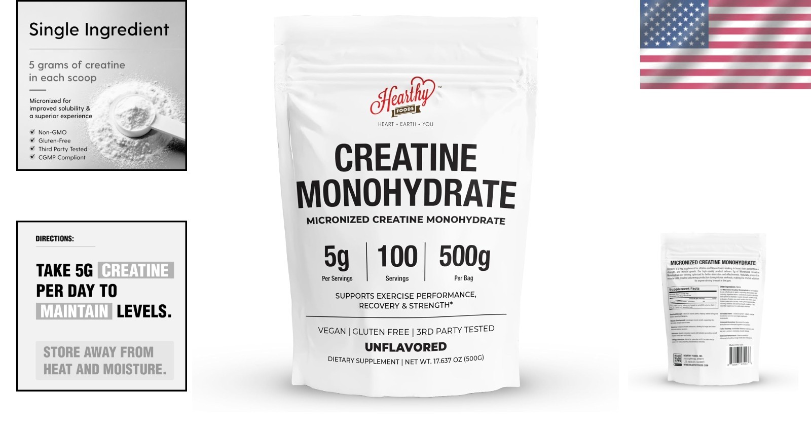 HEARTHY FOODS Creatine Monohydrate Micronized Powder 500G – 100 Servings, 5000mg