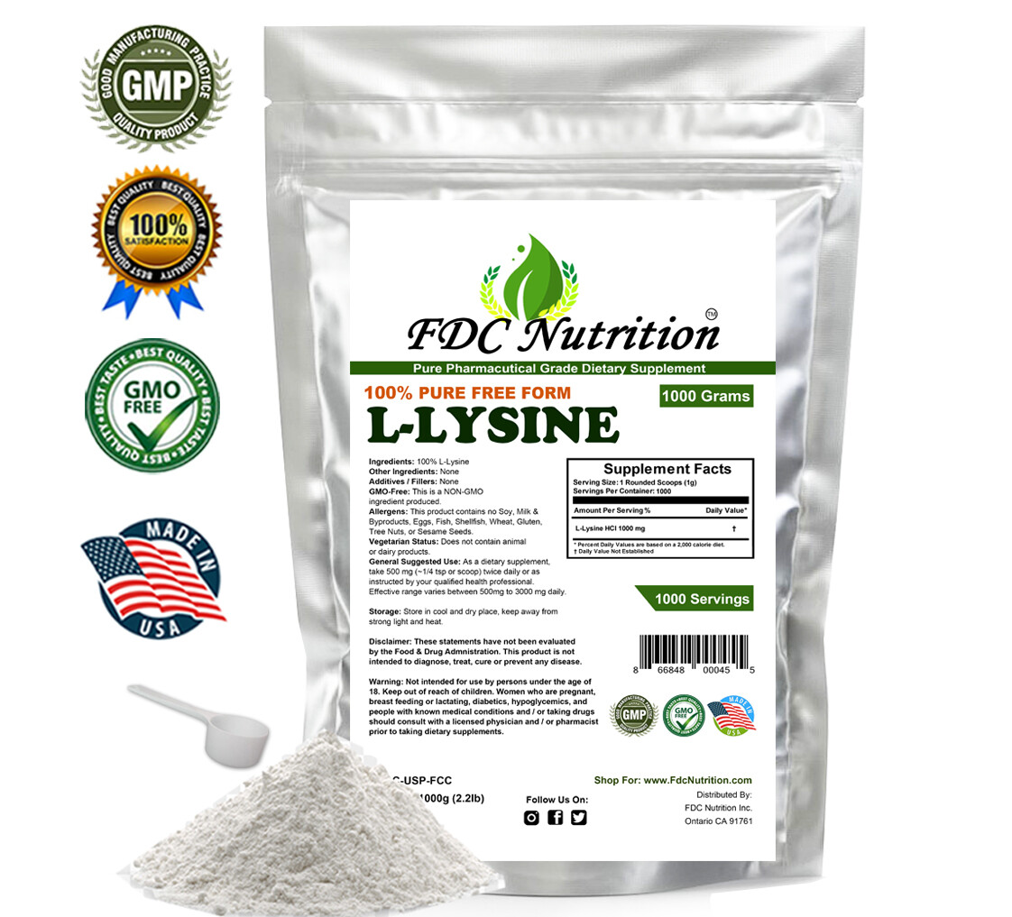 1000g (2.2 lb) 100% L-LYSINE HCL POWDER US PHARMACEUTICAL GRADE KOSHER nonGMO
