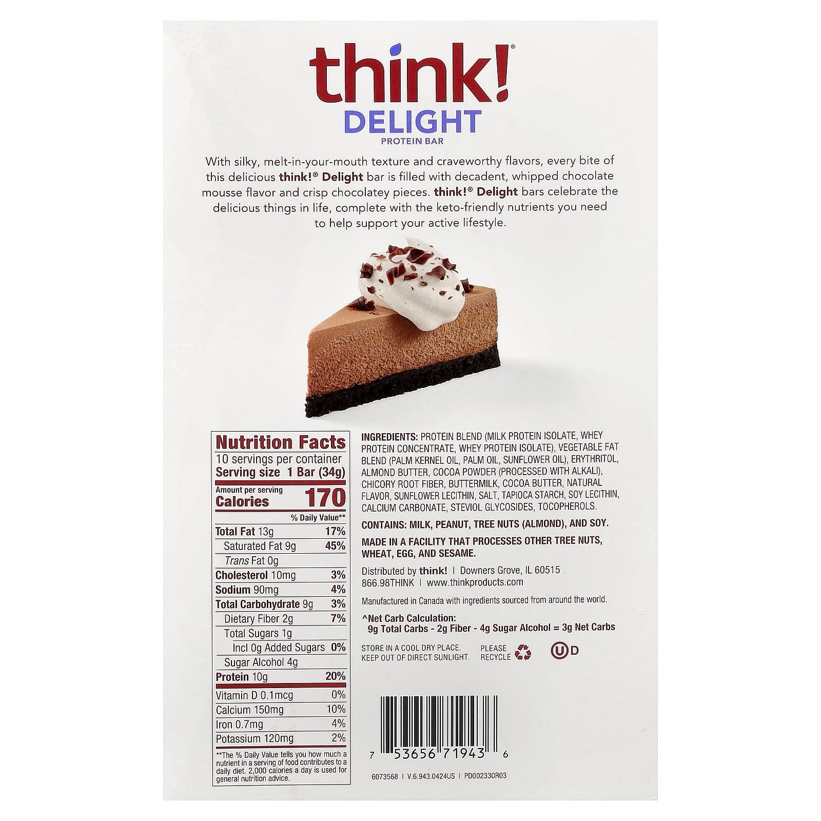 think! Protein Bar Chocolate Mousse Pie 34g Protein 10 Bars EXP 08/2026