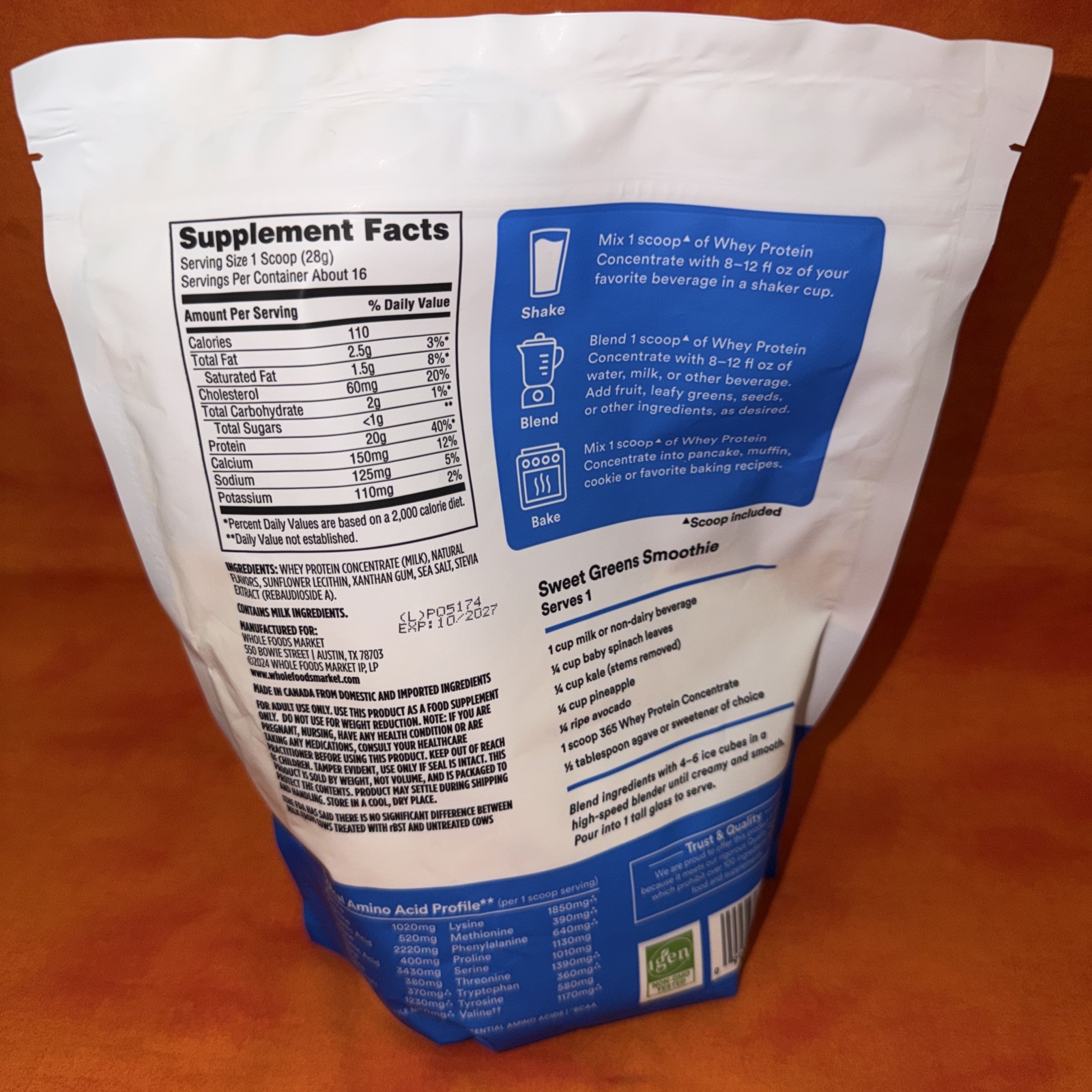 365 Whole Foods Market Whey Protein Concentrate Vanilla 16oz Exp 10/27