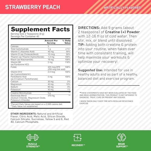 Optimum Nutrition Creatine Monohydrate Plus Powder, Strawberry Peach Flavored Cr