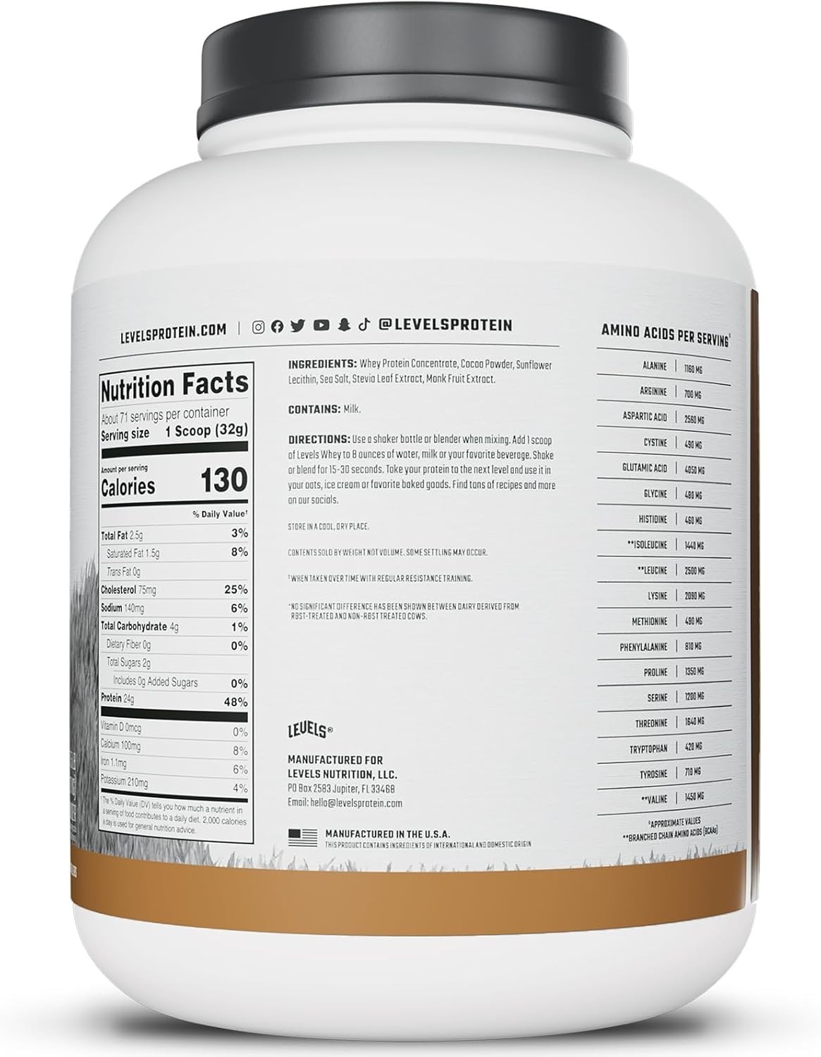 Levels Grass Fed Whey Protein Powder, No Artificials, 24G of Protein, Double Cho