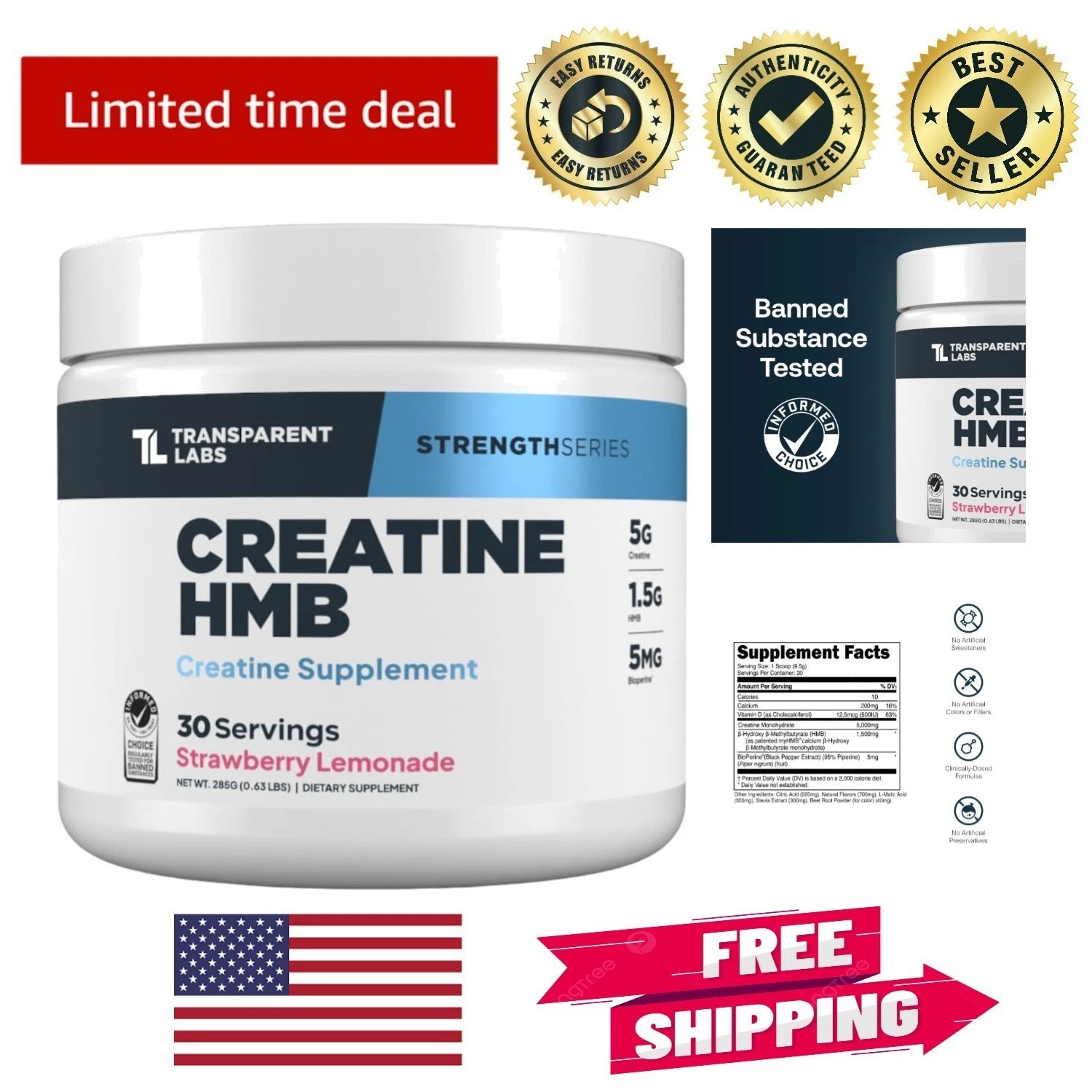 Strawberry Lemonade Creatine HMB – Proven Formula for Muscle Growth, 30 Servings
