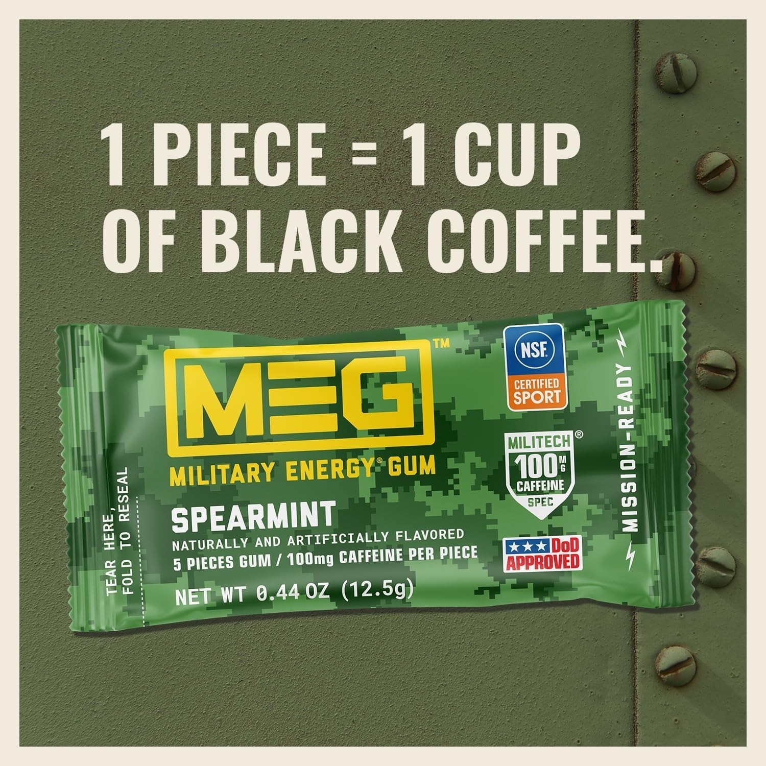 MEG Military Energy Gum – Spearmint | 100mg Caffeine – 20 Count