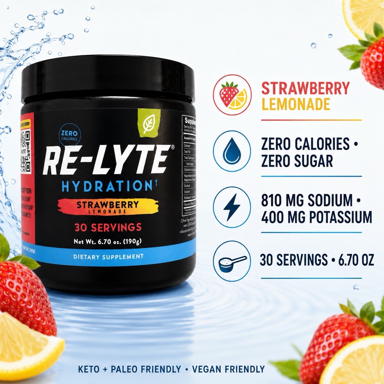 Redmond Re-Lyte Hydration Strawberry Lemonade Electrolyte Mix 30 Servings 10/29