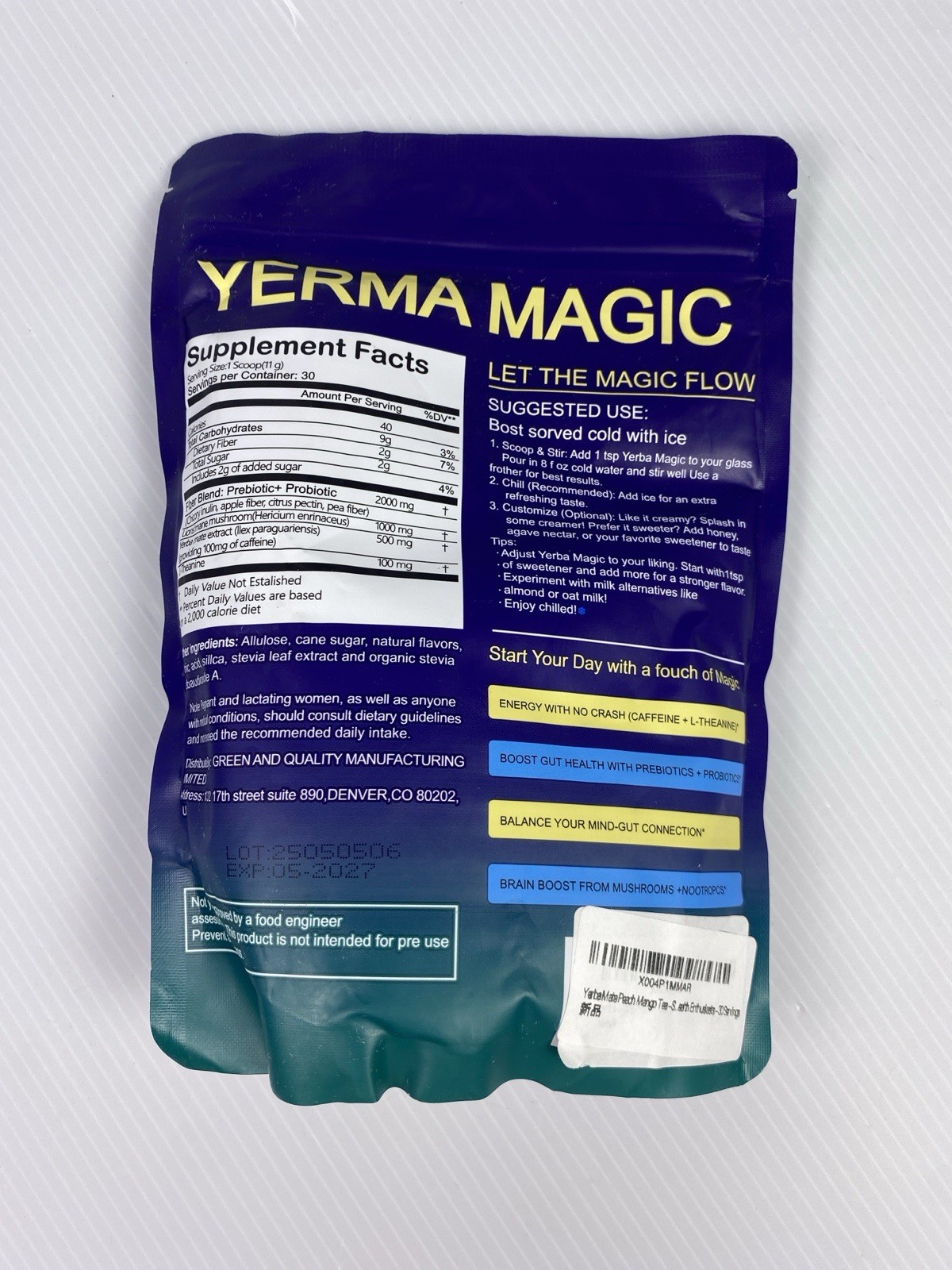 Yerma Magic Yerba Mate Peach Mango Powder 30 Servings Drink Mix Exp 05/27