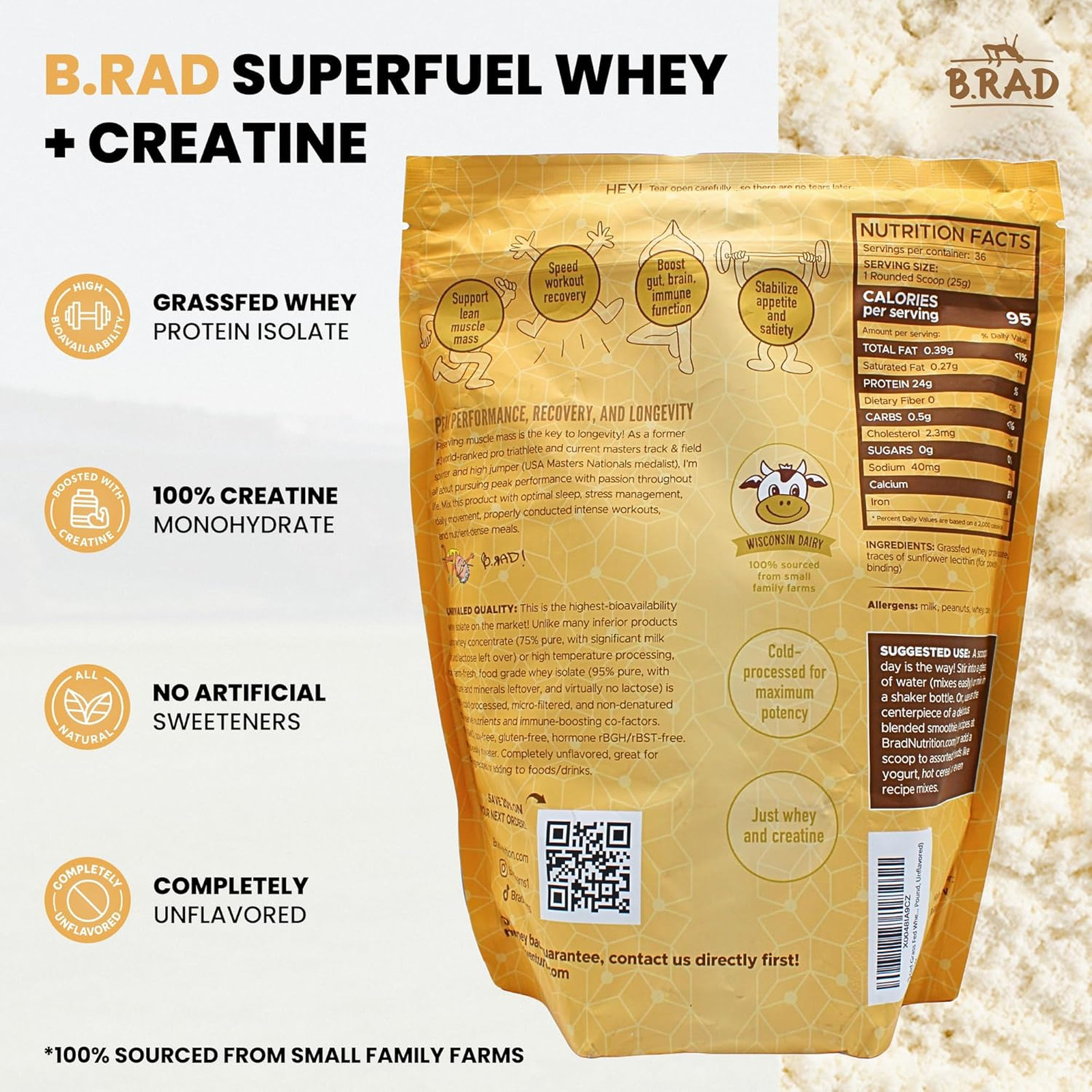 Whey Protein Isolate with Creatine, Grass Fed USA Sourced, Unflavored, 2 lb, 32