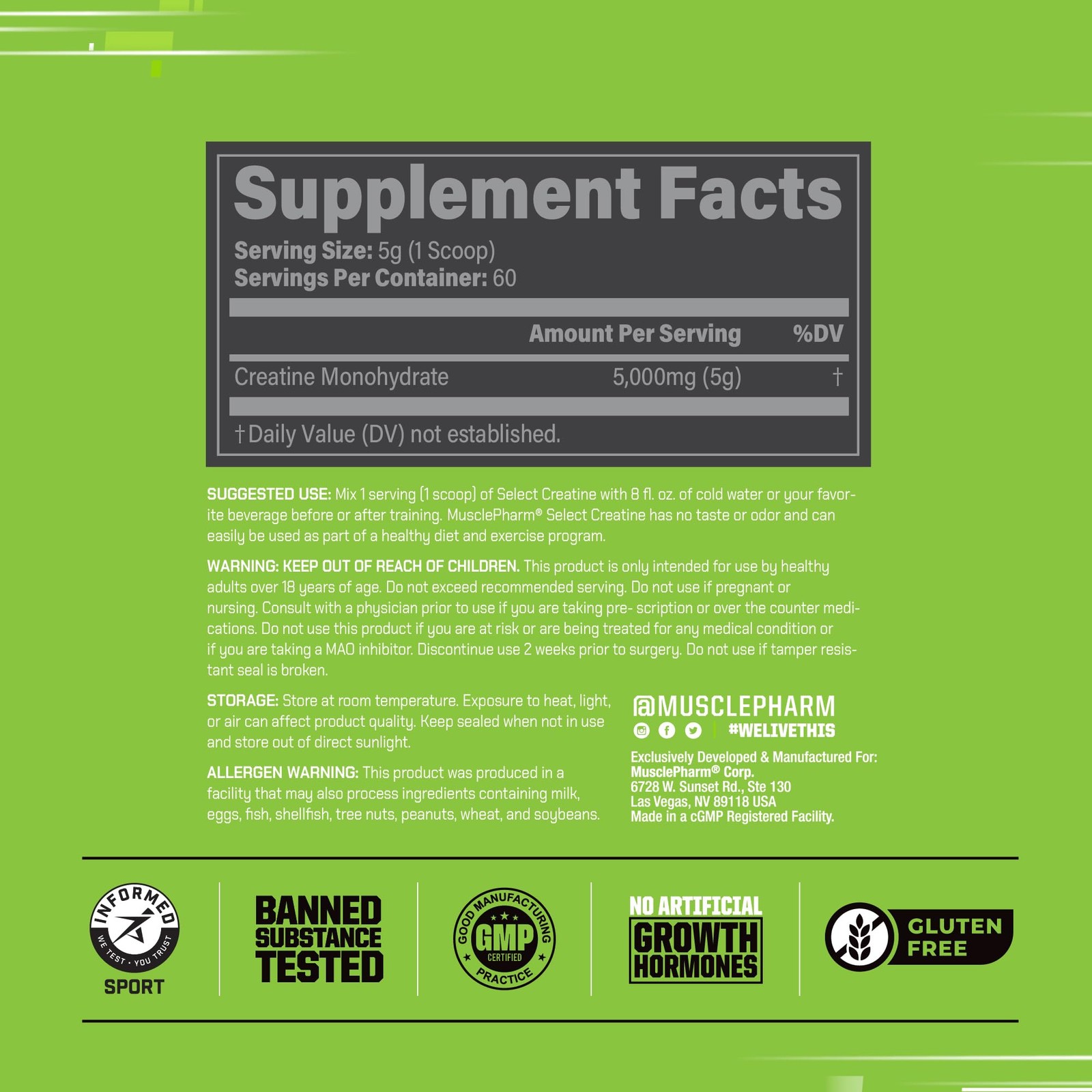 MusclePharm Creatine Monohydrate Powder Unflavored – 60 Servings