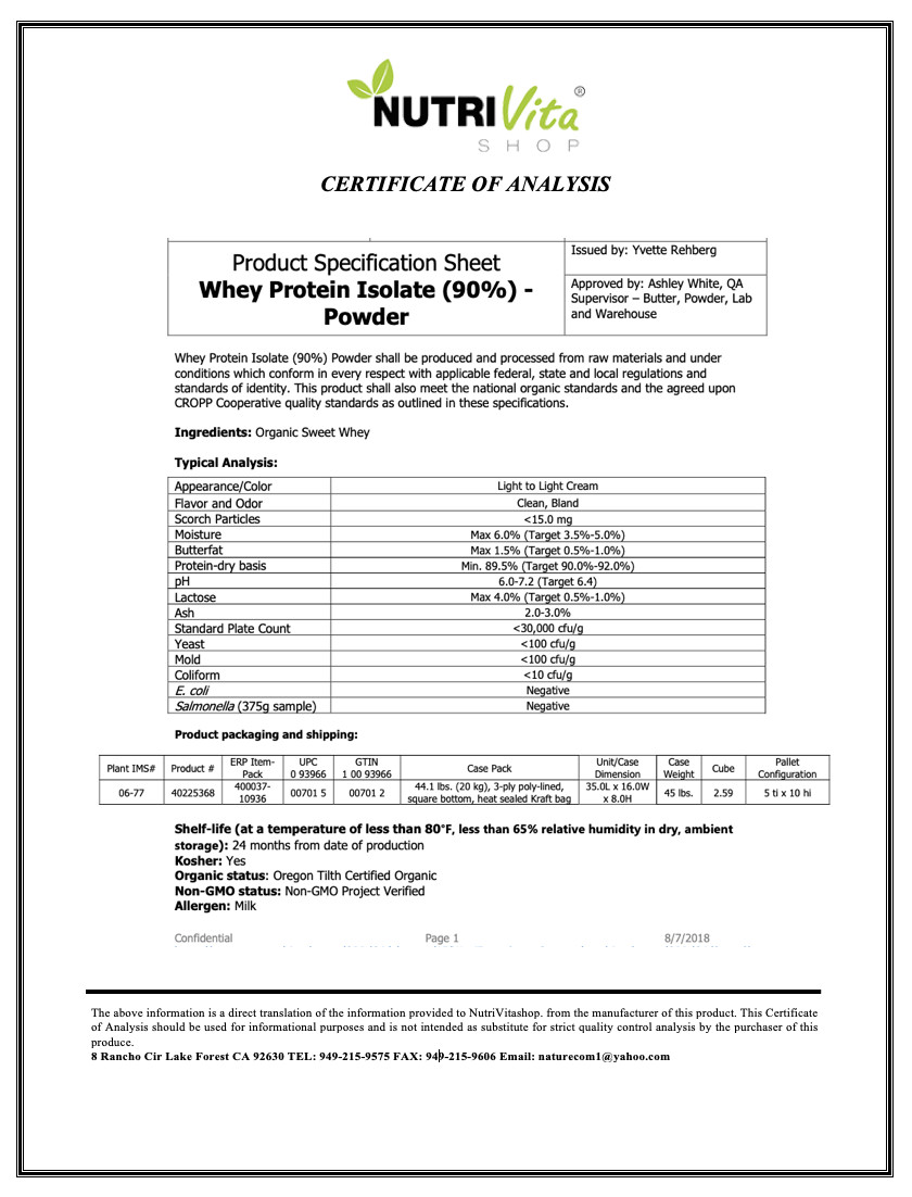 50lb 100% Pure Organic Instantized Whey Protein Isolate 90% (Unflavored)