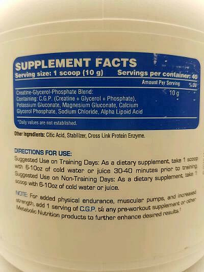MUSCLE TORQUE & ENERGY CREATINE GLYCEROL PHOSPHATE C.G.P. METABOLIC NUTRITION