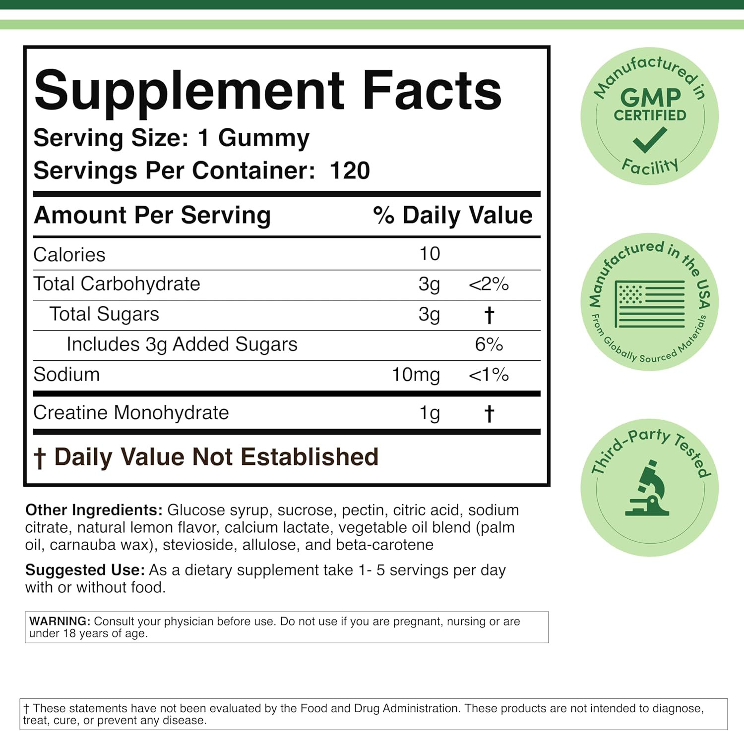 Creatine Monohydrate Gummies – 1G per Serving, 120 Count – No Fillers, Vegan Saf