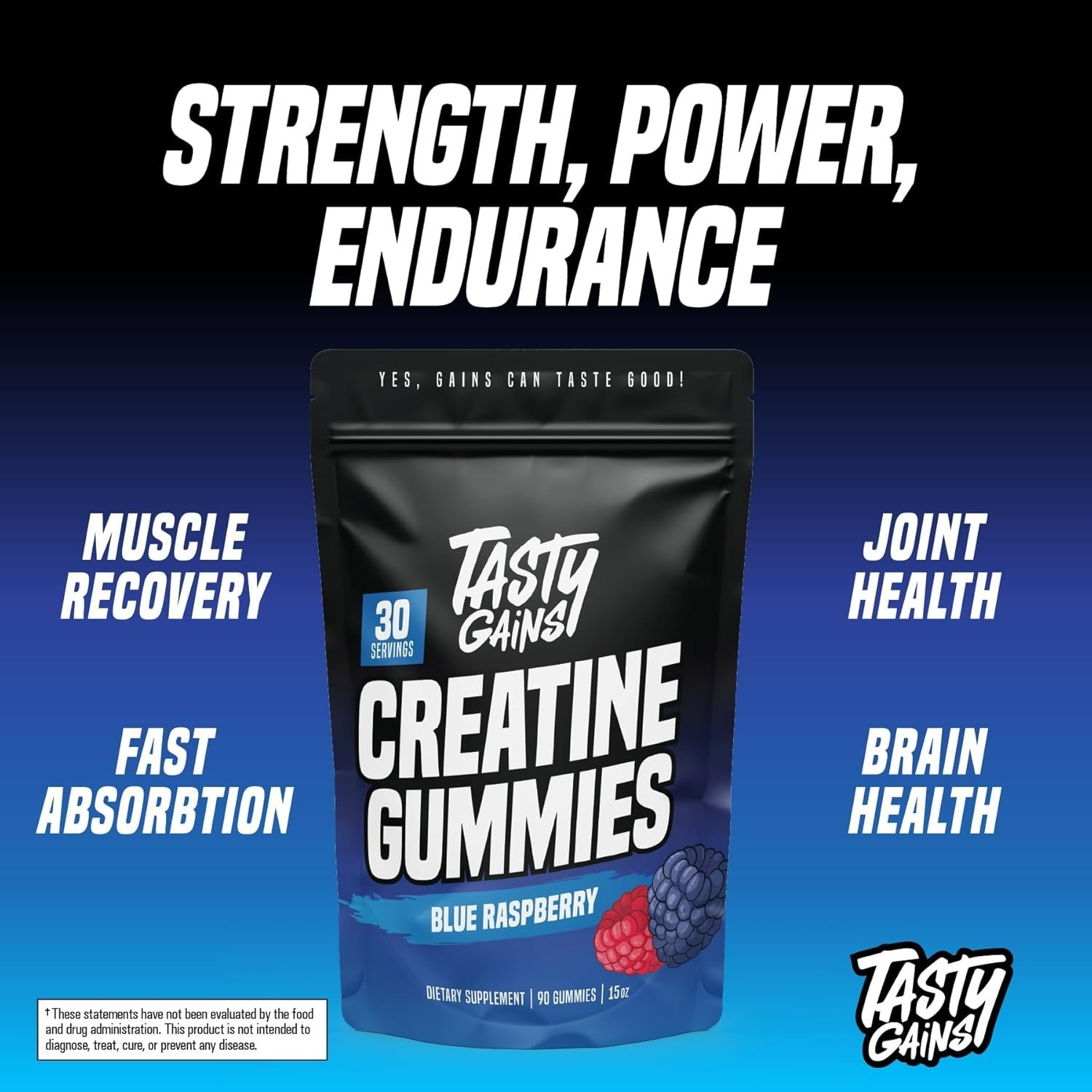 TASTY GAINS Creatine 90 Gummies – 90g of Creatine Monohydrate Blue Raspberry
