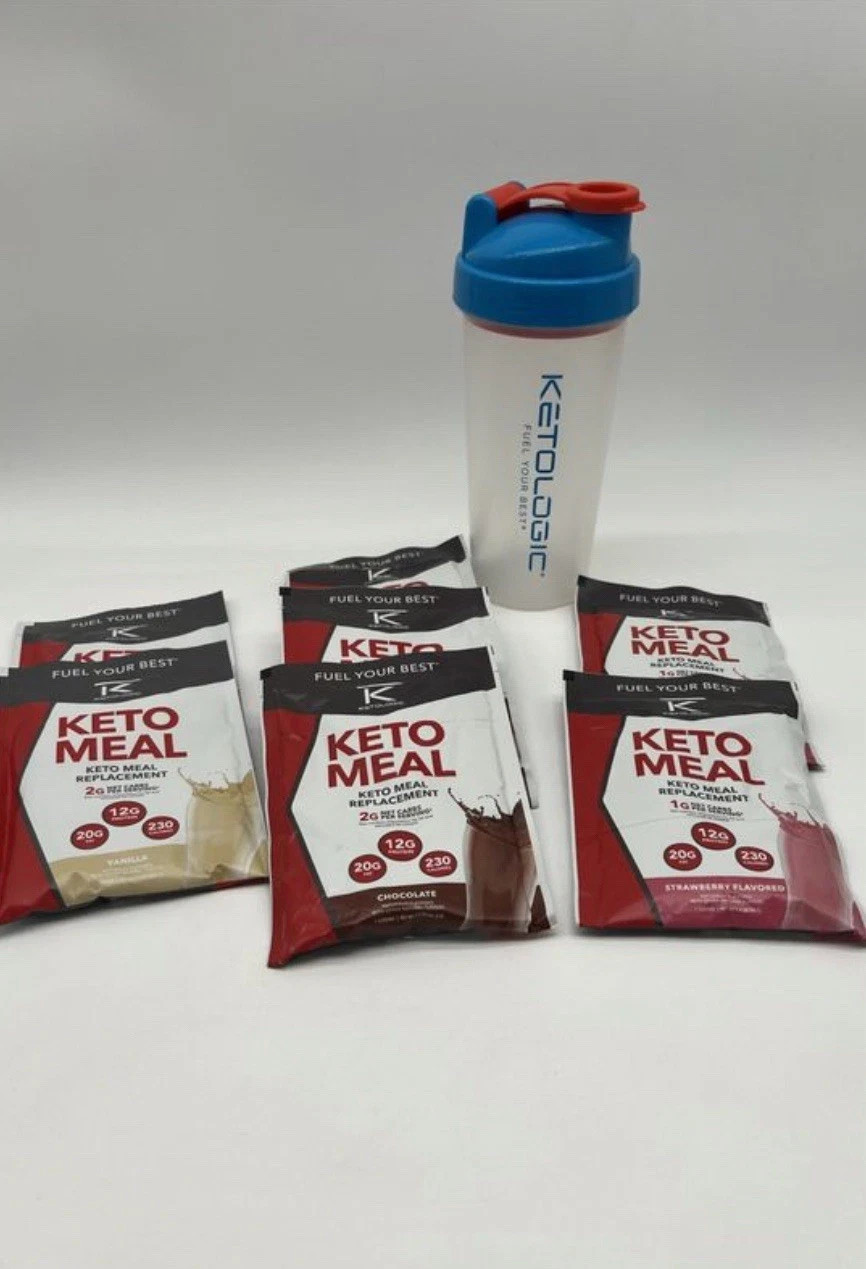 7 KetoLogic Keto Meal Packs W/ Shaker Cup Chocolate Strawberry Vanilla