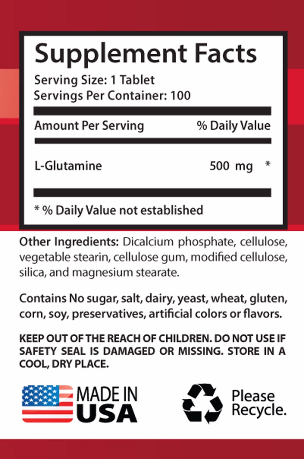 Protein-rich supplement – L-GLUTAMINE 500MG – natural recovery capsules 1 Bottle