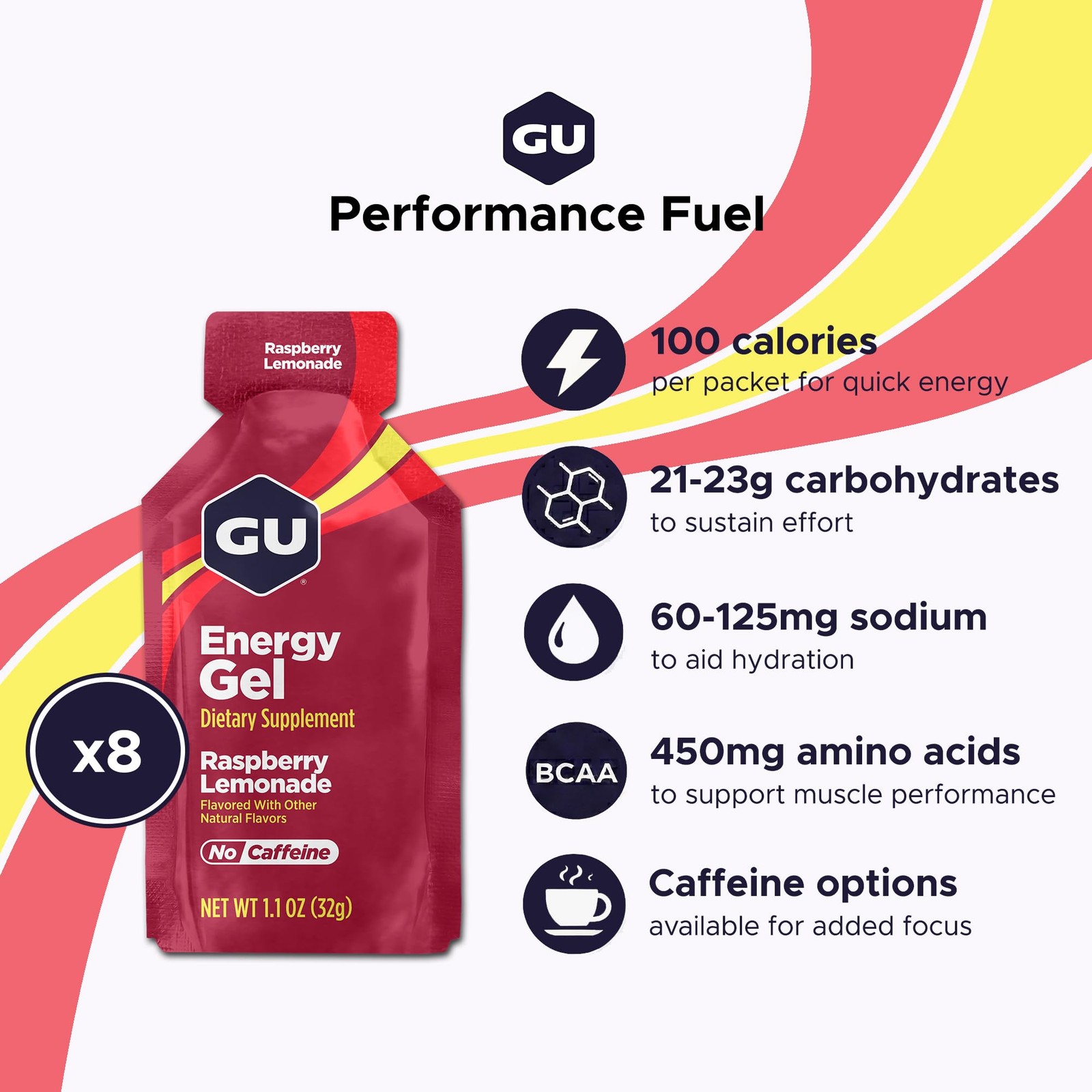 GU Energy Original Sports Nutrition 1.1 Fl Oz (Pack of 8), Raspberry Lemonade