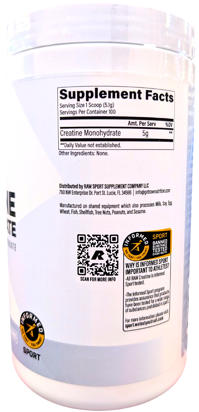 RAW Nutrition Creatine Monohydrate Powder Unflavored 510g 100 Servings EXP 07/27