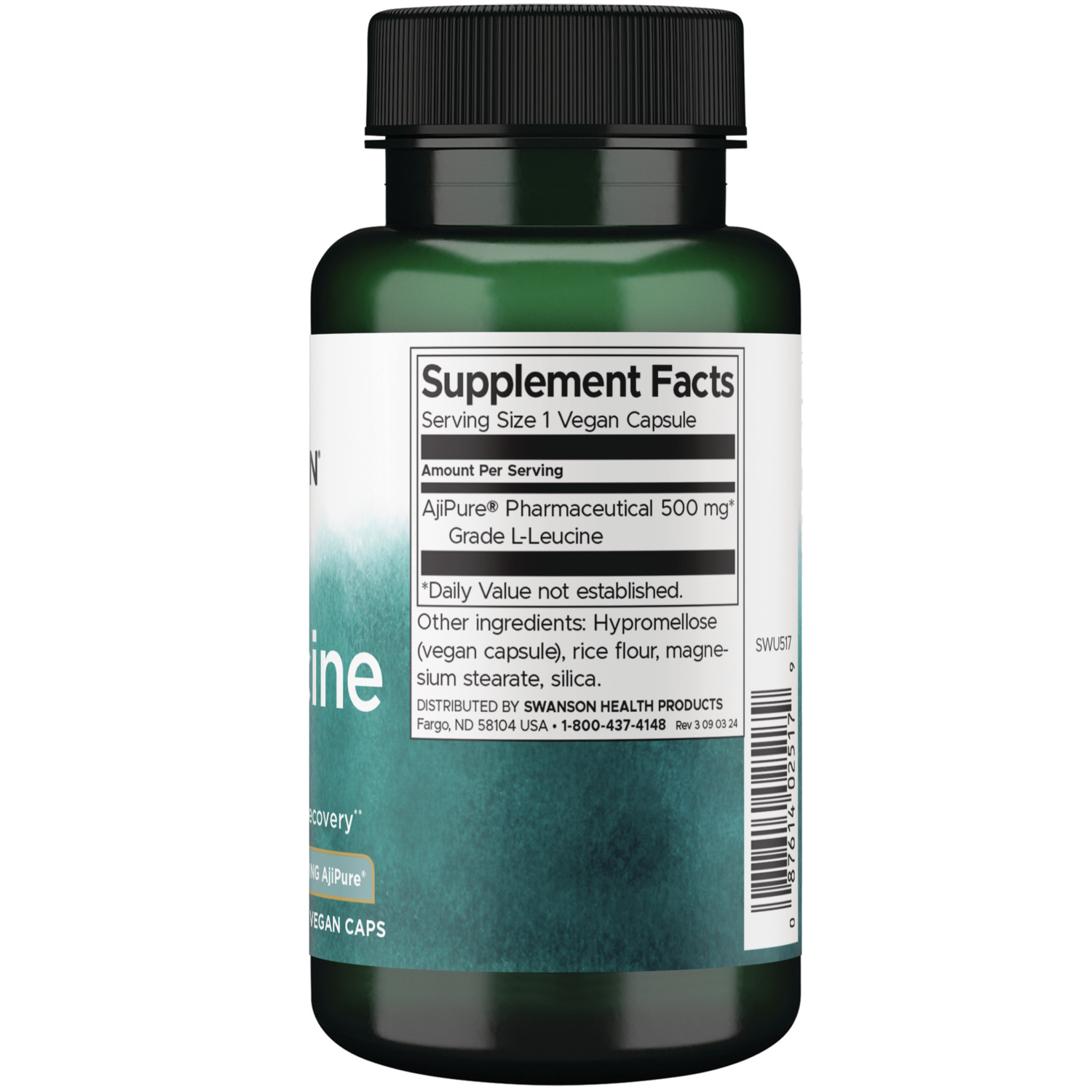 Swanson Ajipure L-Leucine, Pharmaceutical Grade 500 mg 60 Veggie Capsules