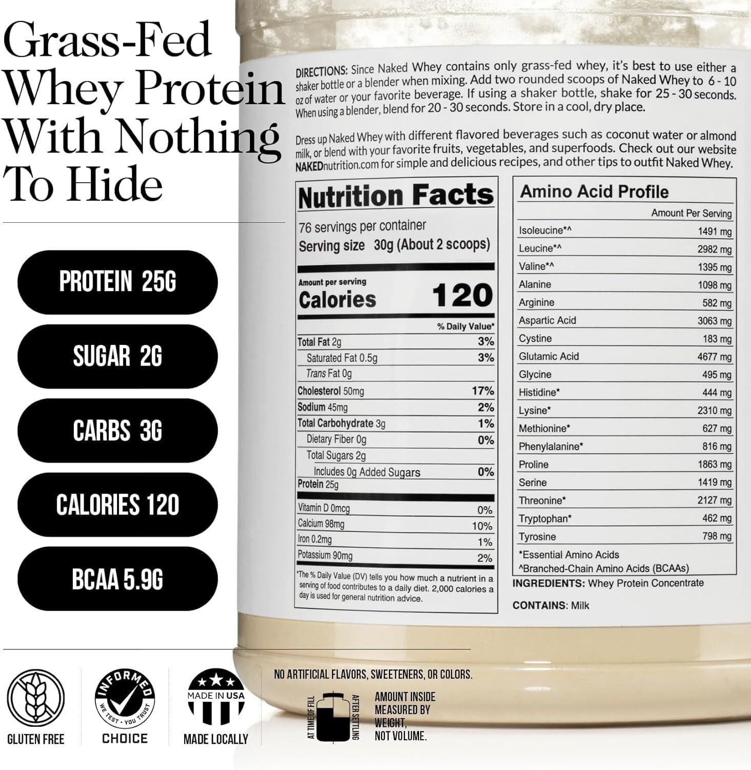 5LB Naked Whey – All Natural Grass Fed Whey Protein Powder, Unflavored, No GMO