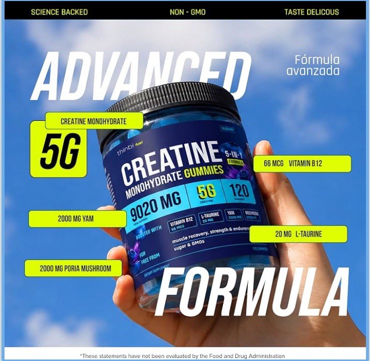 Thinbi Creatine Gummies 120 Count 5g Creatine Sugar Free Blueberry Exp 2028