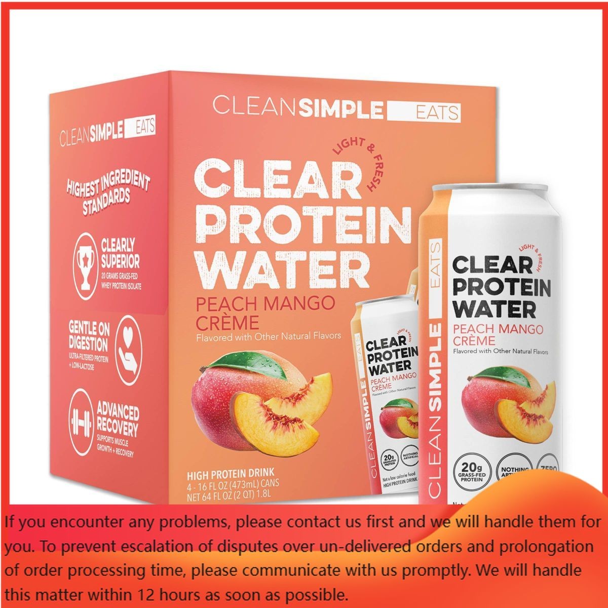 Clean Simple Eats Clear 20g Protein Water Peach Mango Creme – 4pk/16 fl oz Cans