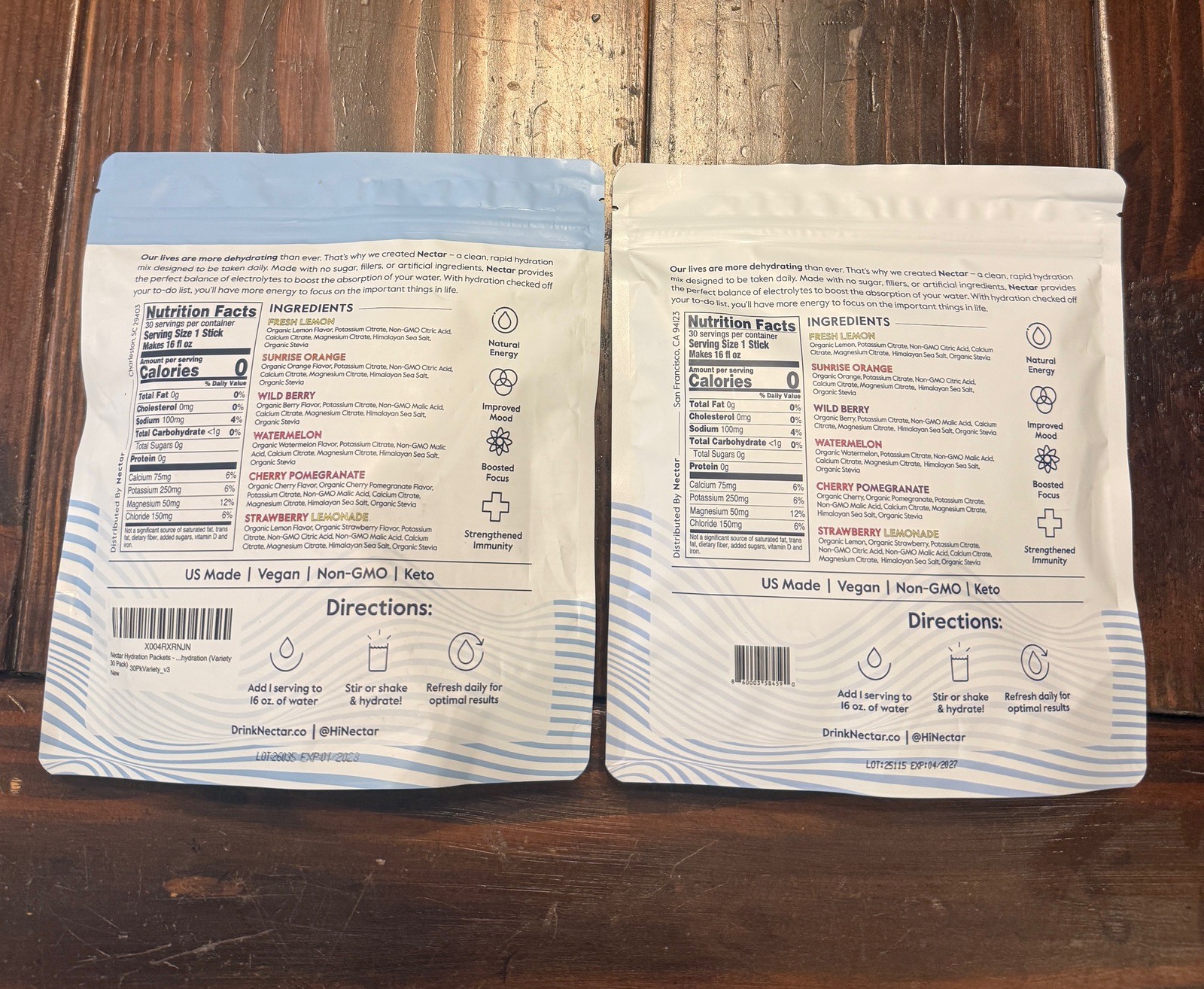NEW Lot 2 Nectar Hydration 30 Packets Electrolytes Powder Packets Variety Pack