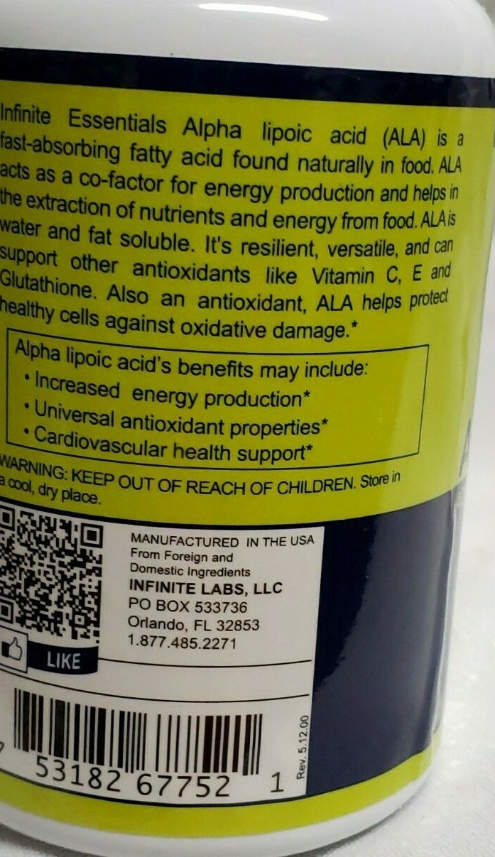 Infinite Labs – ALPHA LIPOIC ACID – 60 Tablets – Expire 4/2025