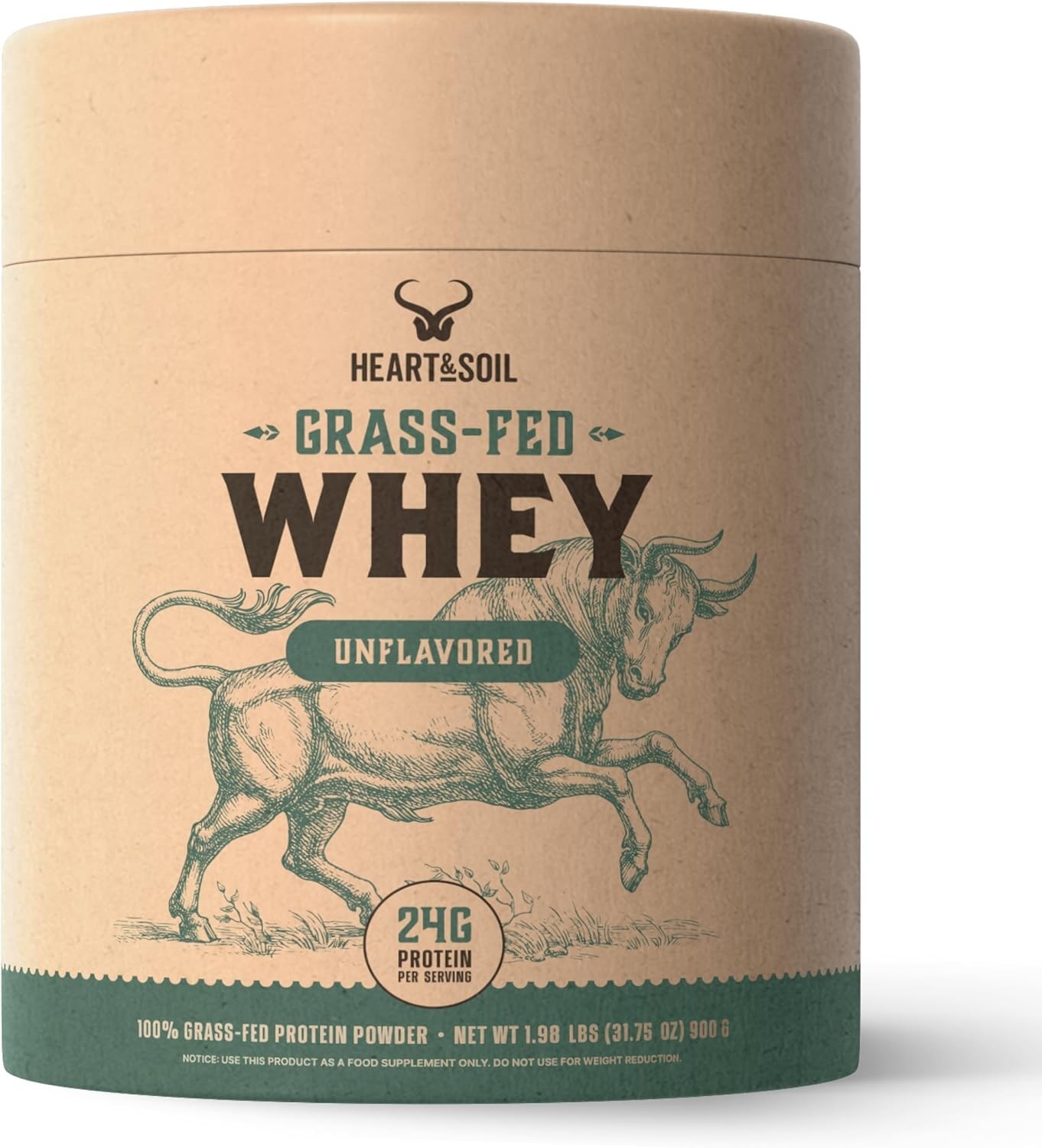 HEART & SOIL 100% Grass Fed Whey Protein Concentrate – UNFLAVORED – 2lbs
