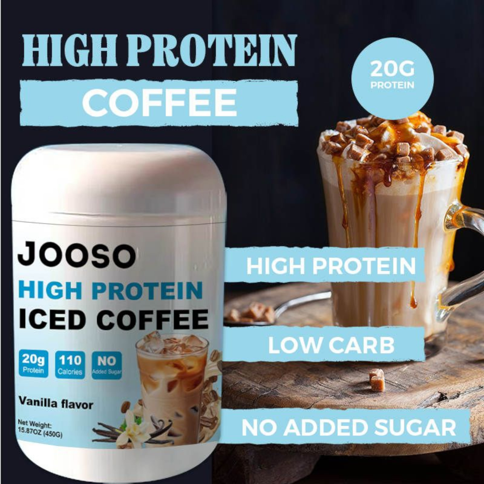 Jooso High Protein Iced Coffee, vanillaflavor, 15.87 oz (450g)