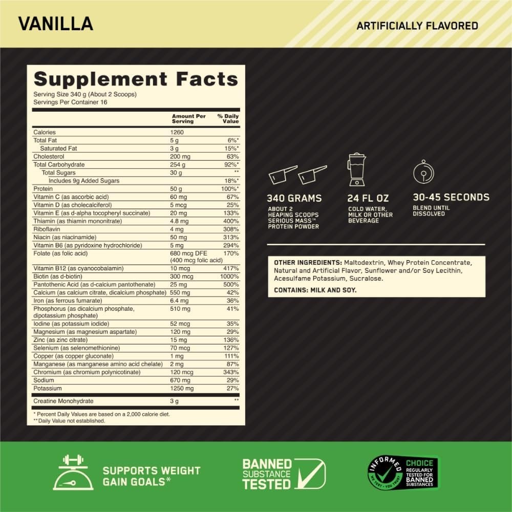 Optimum Nutrition Serious Mass Weight Gainer Powder Vanilla 12lb EXP 12/26
