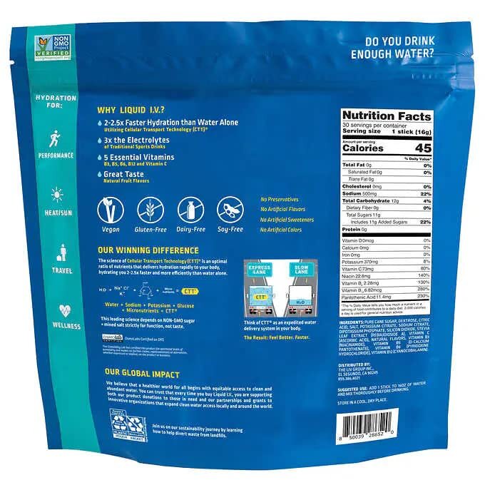 Liquid I.V. Hydration Multiplier, 30 Individual Serving Stick Packs in Resealabl
