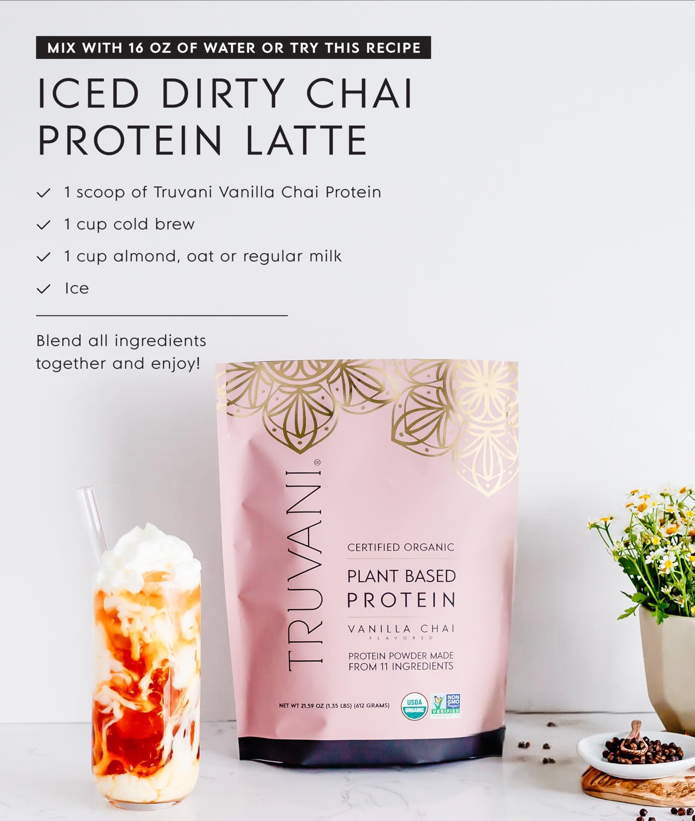 1/27 Truvani Vegan Pea Protein Powder | Vanilla Chai | 20g Protein | 20 Serv