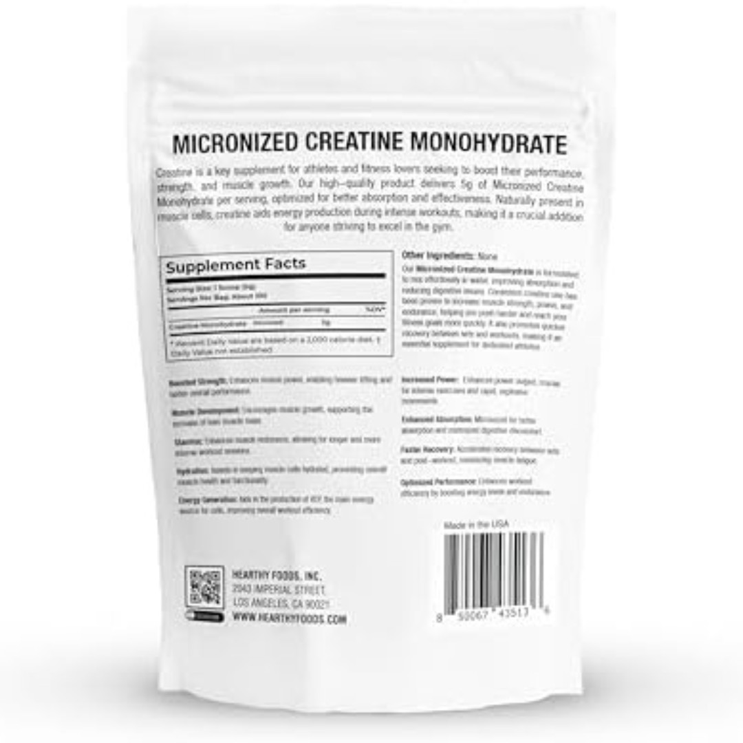 HEARTHY FOODS Creatine Monohydrate Micronized Powder 500G – 100 Servings, 5000mg