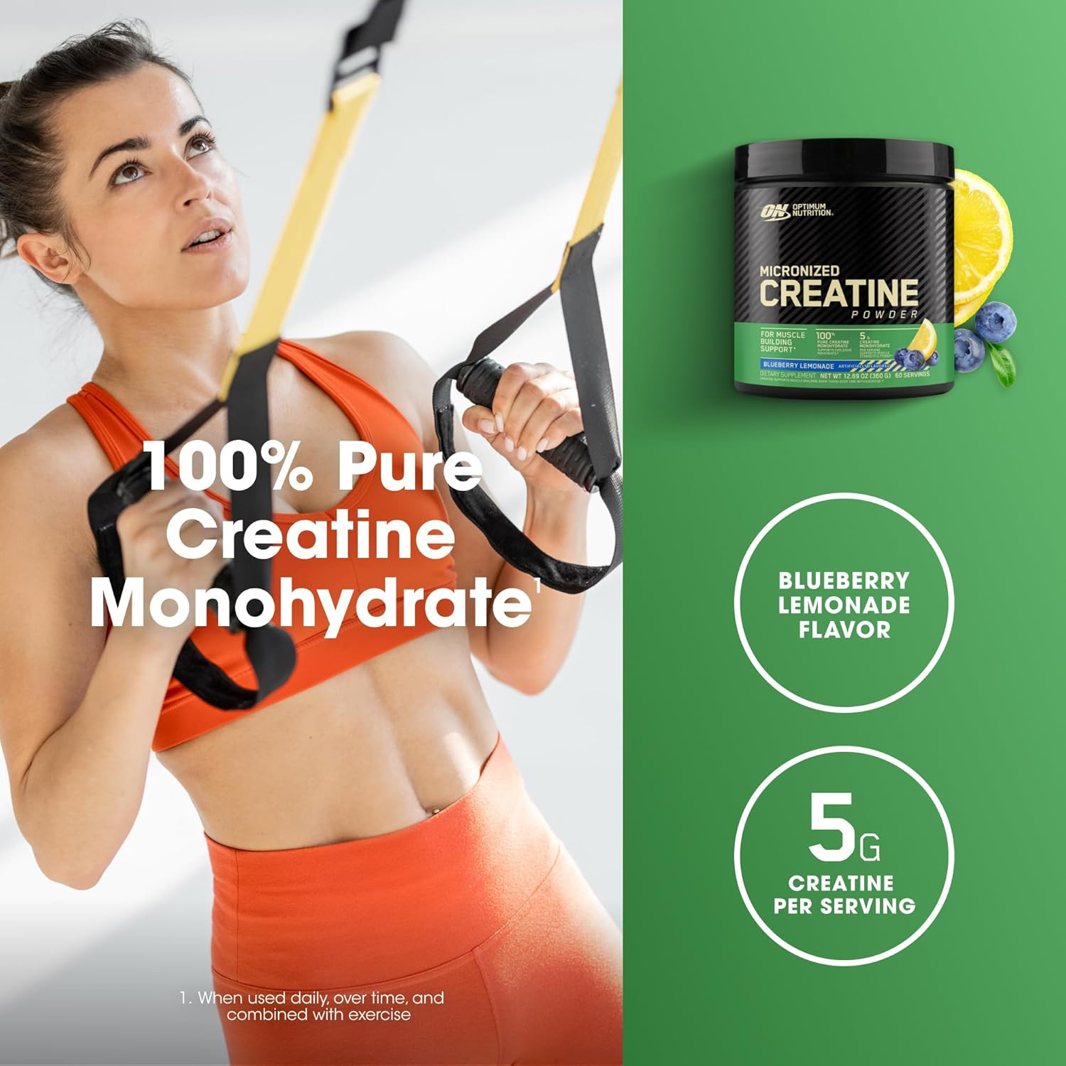 Micronized Creatine Monohydrate Powder, Blueberry Lemonade Creatine, 60 Servings