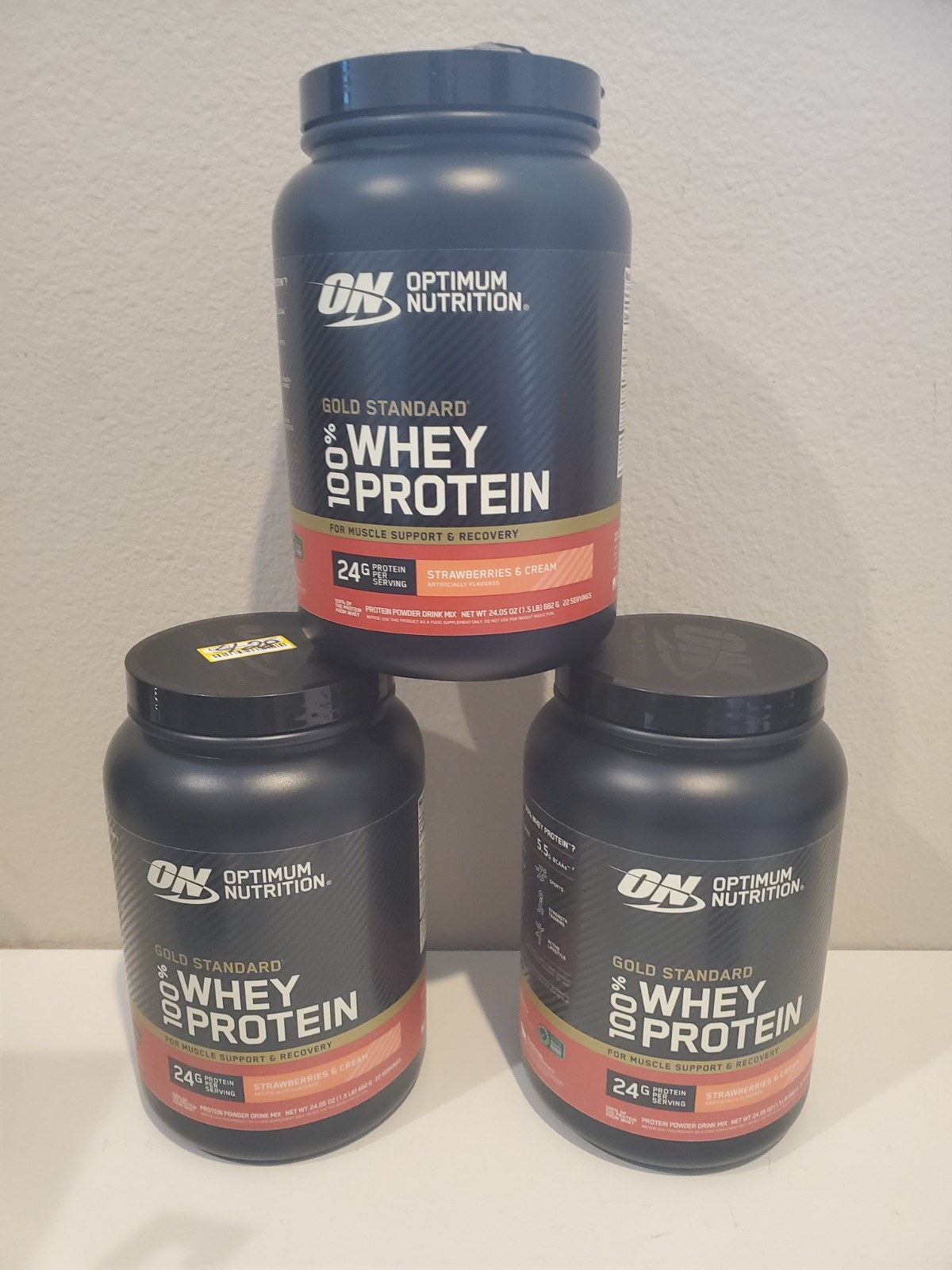 Lot of 3 x 24 oz Optimum Nutrition 100% Whey Protein, Strawberry, Exp 4/28