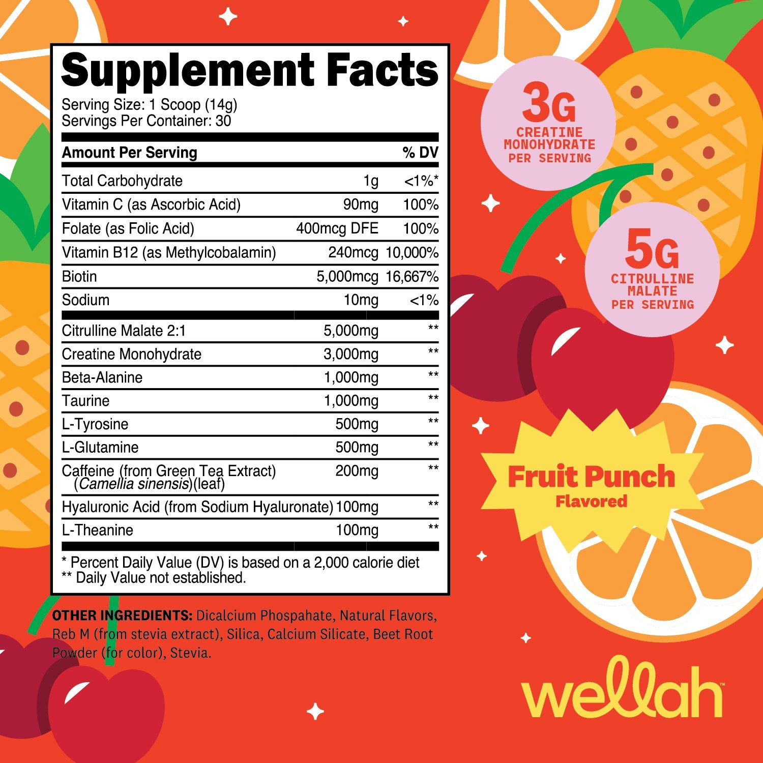 Wellah Pre-Workout + Creatine Powder (30 Servings) Fruit Punch – 200mg Caffeine
