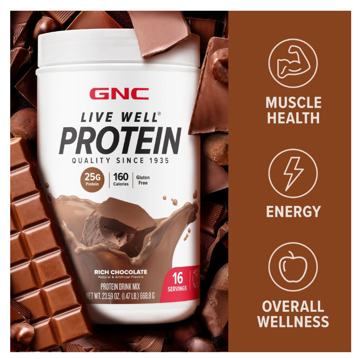 GNC Live Well Whey Protein Powder Rich Chocolate 25g Protein 16 Servings