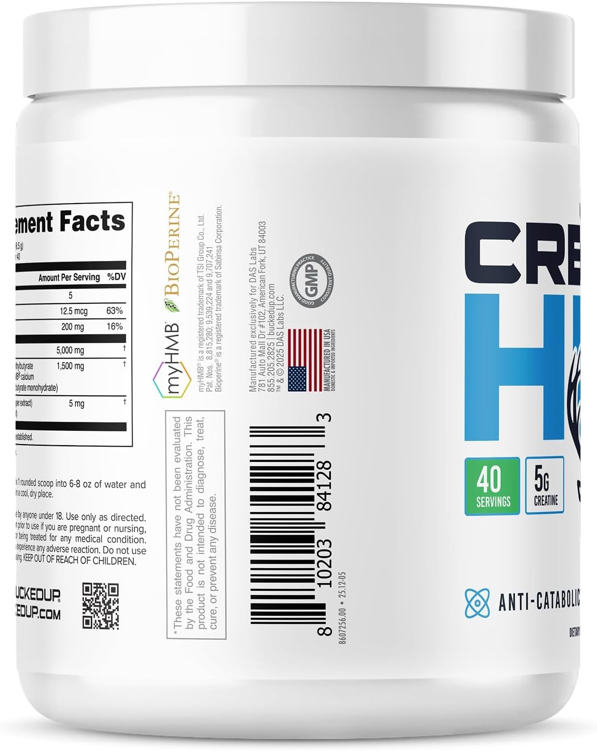 Bucked Up Creatine HMB Powder 40 Servings Unflavored 5g Creatine + myHMB